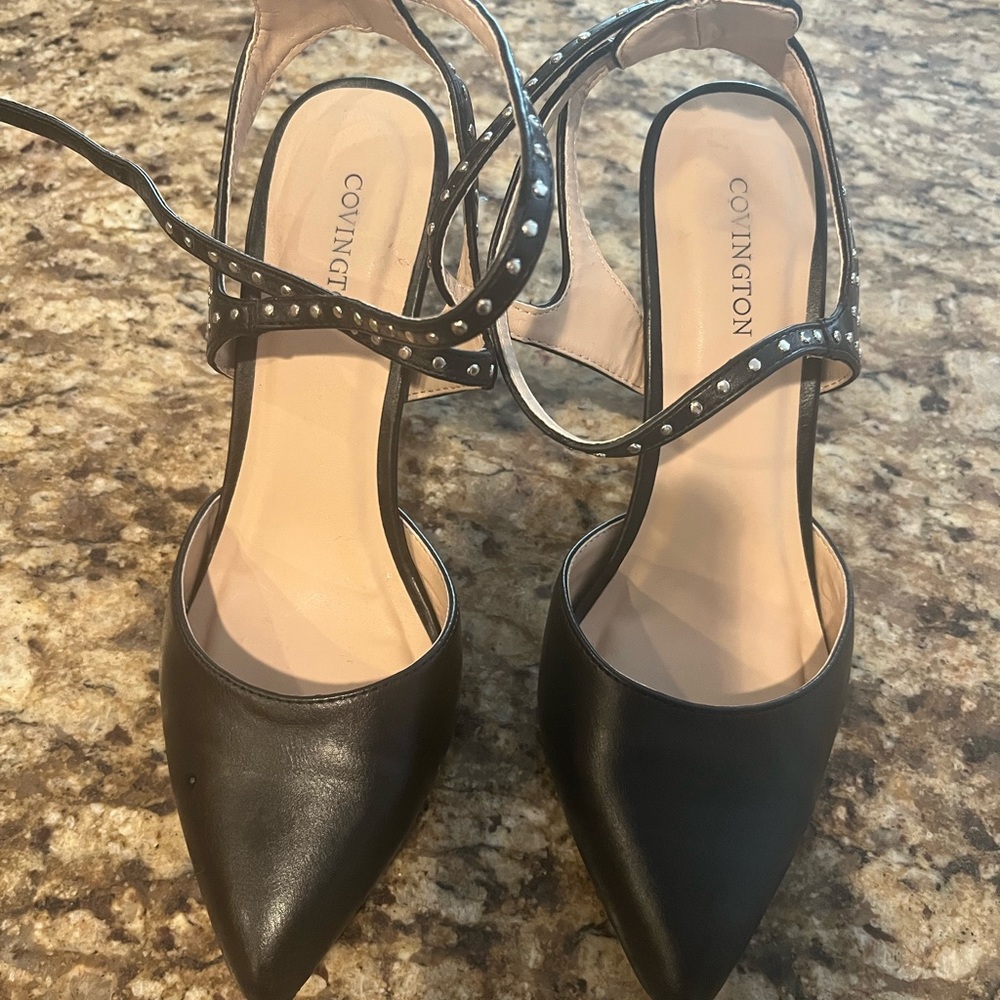 Covington black studded open back heeled shoes size 8.